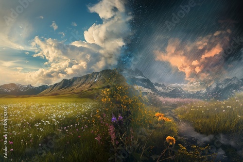 Dual nature. A sunny meadow with flowers on one side, and on the other a stormy sky over the rocky mountains. Mental health concept, bipolar disorder day.