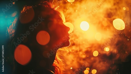 Profile of a woman with sparkles in the light of sunset. The concept of beauty and dreaming.