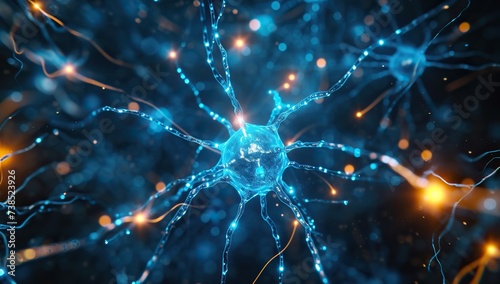 Close-up of a neuron with blue glowing connections. The concept of neuroscience and biology. photo