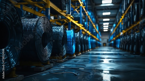 Side shot of large cable drums neatly arranged with coiled lines photo