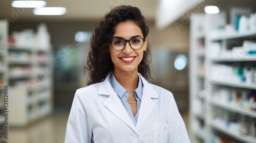 A young confident smiling Spanish-speaking female pharmacist stands in a pharmacy. Customer service and consulting, Medical care, Healthcare concepts.