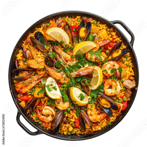 seafood paella isolated on white background