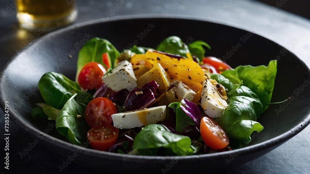 Greek salad. Cheese, tomatoes, arugula, greens. Healthy breakfast