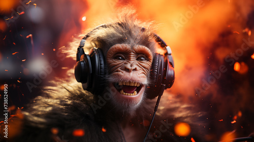 monkey wearing headphones with colorful powder paint explosion