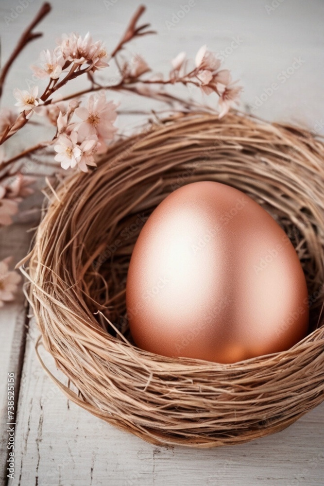 Beautiful rose gold easter egg in a nest with pink flowers on a white wooden background. close up and selective focus. Illustration for design, template, wallpaper, artwork Beautiful rose gold easter egg in a nest with pink flowers on a white wooden background. close up and selective focus. Illustration for design, template, wallpaper, artwork