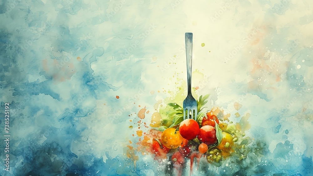 Watercolor depiction of a fork laden with a balanced meal in a whimsical kitchen setting - obrazy, fototapety, plakaty 