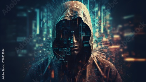 anonymous hacker, blending seamlessly with the city of data