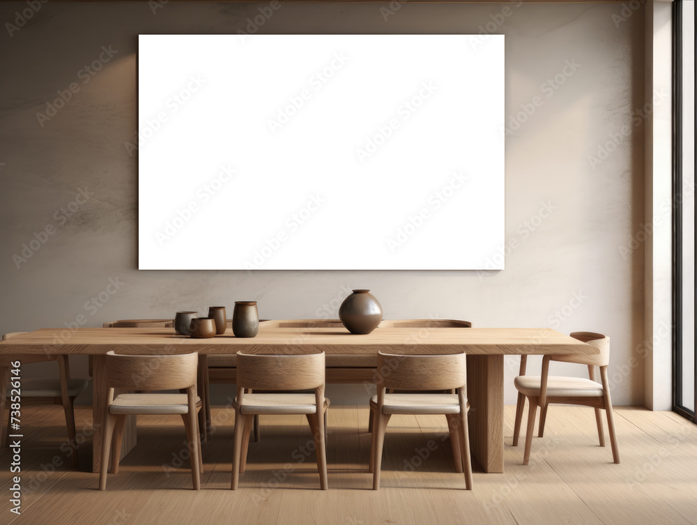 A dining room with a spacious wooden table and matching chairs. The table is elegantly designed with a smooth finish, The room is well-lit, creating a warm and inviting atmosphere