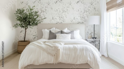 Minimalist Bedroom with Statement Wallpaper AI Generated. © ArquitecAi