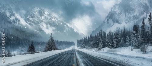 Road leading to the mountains during winter.