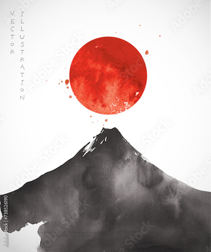 Ink wash painting on big  Fuji mountain and big red sun. Traditional Japanese ink wash painting sumi-e.