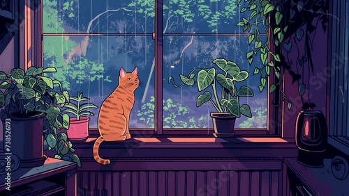 Lofi cartoon cat at window. seamless looping 4k time-lapse animation video background 