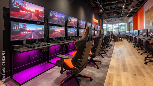 Spacious, brightly lit esports arena with gaming stations ready for an exciting gaming tournament.
