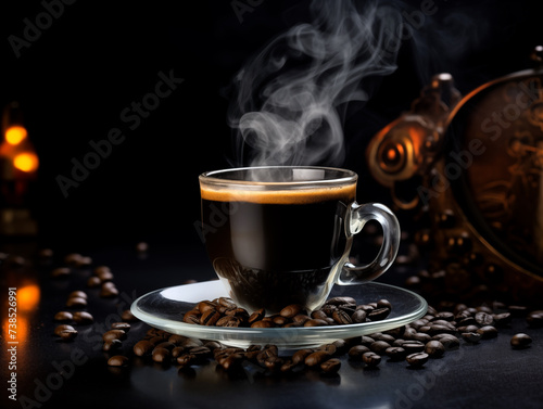 Cup of Americano coffee with beans on dark background. Generative AI
