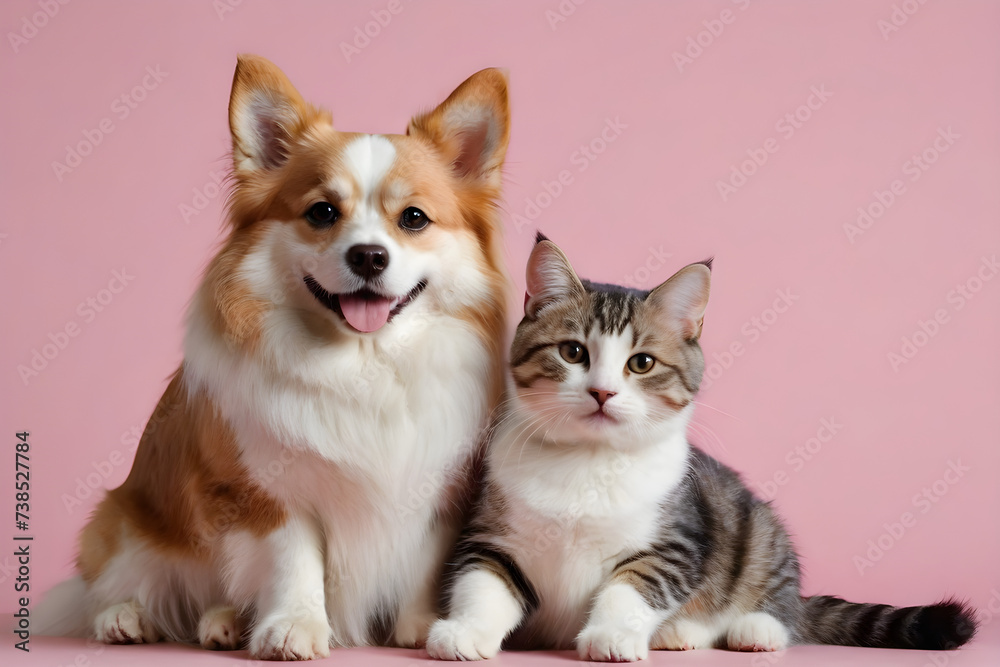 A dog and a cat smiling affectionately. Generative AI