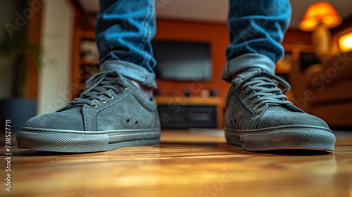 Feet in sneakers standing on a wooden floor