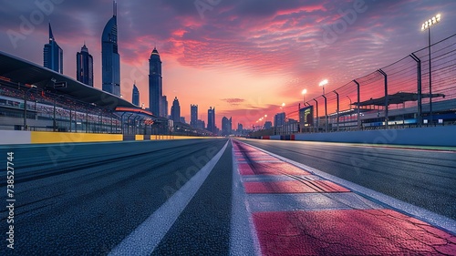 Dusk at the racing circuit with bright lane markings and skyscrapers afar photo