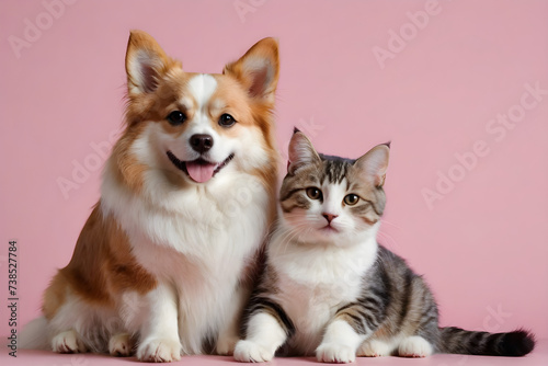 A dog and a cat smiling affectionately. Generative AI © 냥냥냥 난