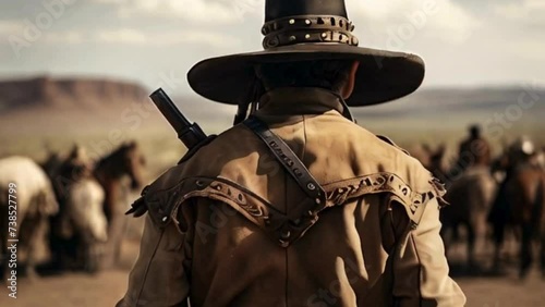 cowboy in a hat walking towards troop of horses, herd photo