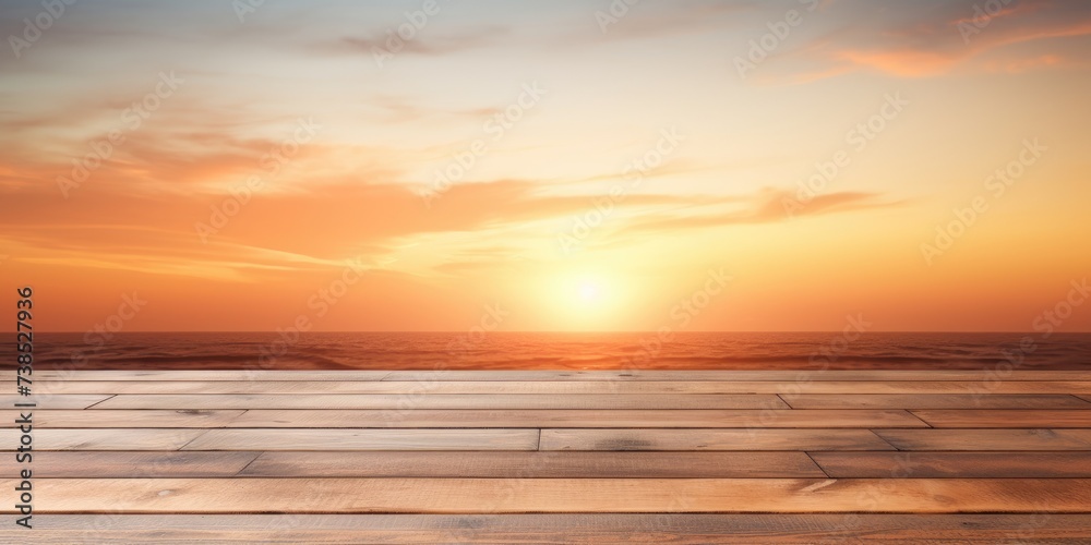Clear wooden table with sunset or sunrise backdrop for showcasing products.