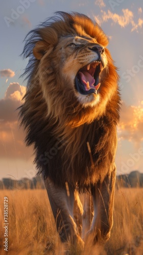 Lion roaring in the wild at sunset. Generative AI.