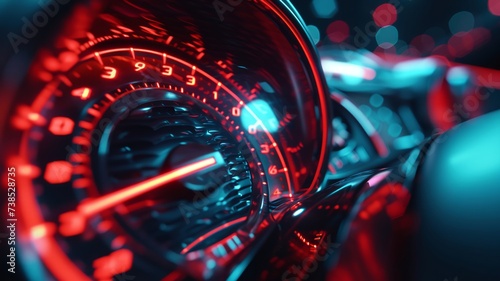 Macro shot of a speedometer dial in a car with numbers and red accents photo