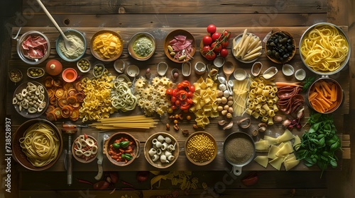 Assorted pasta and ingredients on rustic wooden table. perfect for recipe backgrounds. italian cuisine essentials. food photography. AI