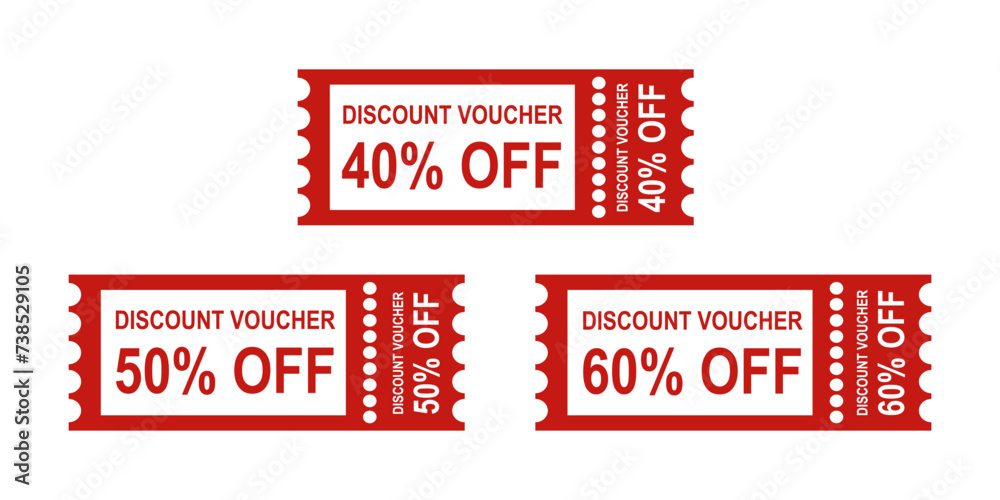 Vector illustration set of 40, 50 and 60 percent discount vouchers. Discount coupon, sale voucher Vector illustration set of 40, 50 and 60 percent discount vouchers. Discount coupon, sale voucher