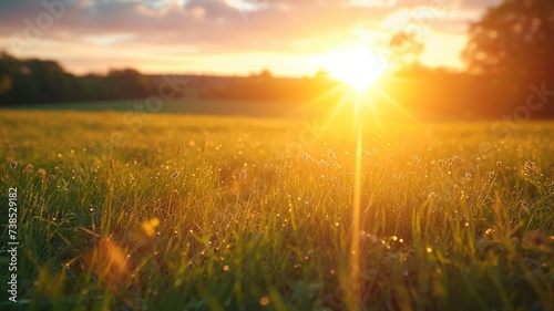 Warm sunlight embracing a peaceful pasture in a close-up view