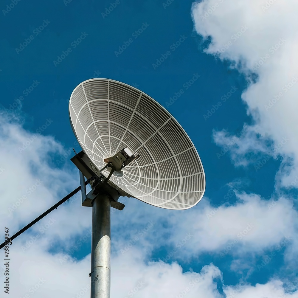 Home satellite dish receiver with blue sky