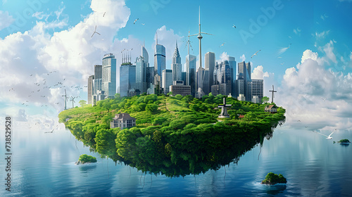 Sustainable cityscape with floating island with green lush Fantasy art, generative Ai