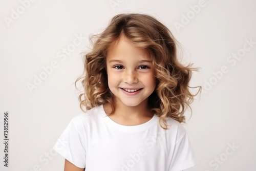Portrait of a cute little girl with curly hair over white background