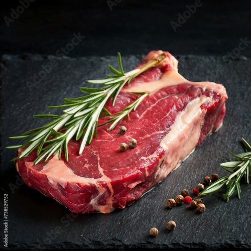 Raw T-bone steak with fresh rosemary and red peppercorn