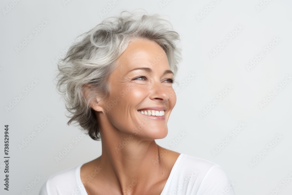 Portrait of a happy senior woman smiling at the camera over grey background Portrait of a happy senior woman smiling at the camera over grey background