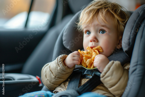 Little child in happy car seat with food  toys
