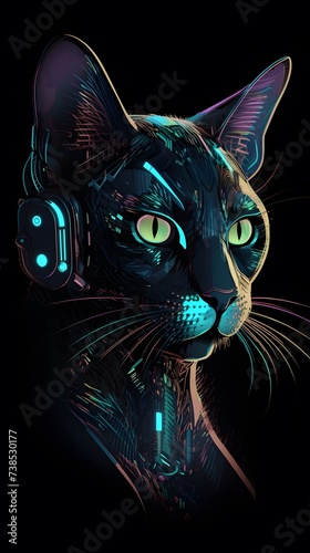 cyber cat in a futuristic realm, radiating neon lights against a black background © wizXart