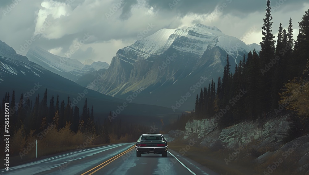  a car driving down a scenic road in mountain  - obrazy, fototapety, plakaty 