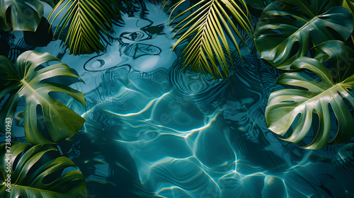 Tropical monstera leaves floating on top. The water appears to be calm and still  with ripples around the leaves. The scene has a tranquil and natural atmosphere