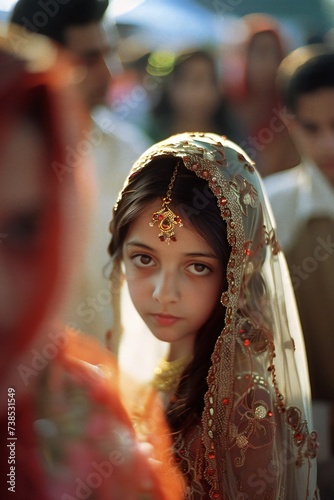 Bridal Solitude: Amidst the wedding hall crowd, a young girl in bridal attire walks solemnly, her gaze fixed on the camera.