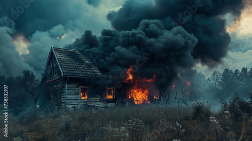 Black smoke trail of burning house photo