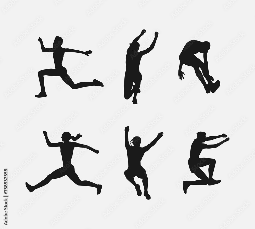 triple jump silhouette collection set. different actions, poses. vector illustration.