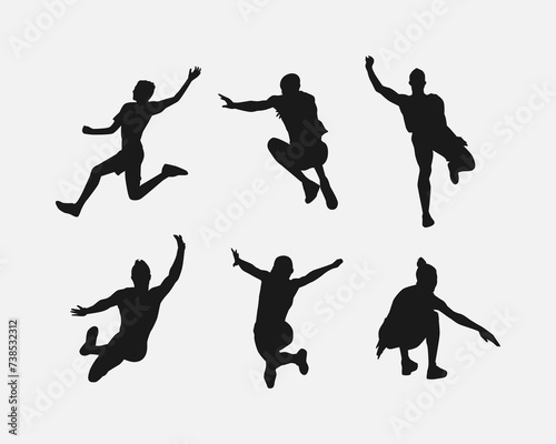 triple jump silhouette collection set. different actions, poses. vector illustration.
