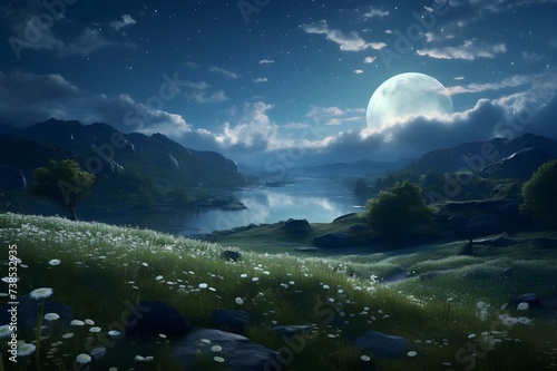 Moonlit meadow dotted with wildflowers, bathed in the moon's soft glow. 