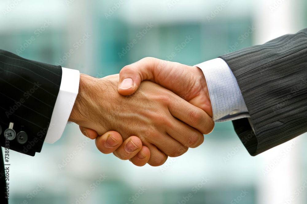 A formal handshake between two business professionals, with a corporate building backdrop.