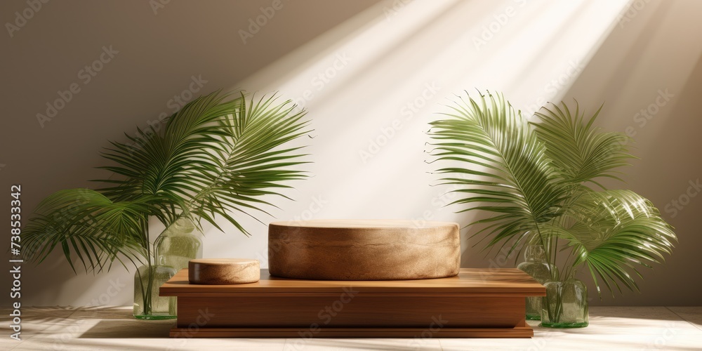 Tropical-themed presentation and product display - wooden podiums with palm leaf, sunlight, shadow, and marble wall.