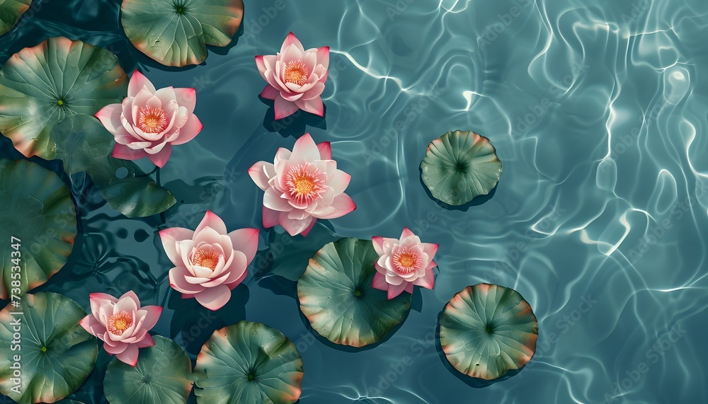 pink blooming water lily flowers sunlight rippling on pond water top ...
