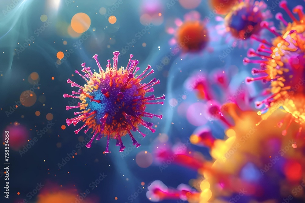 Artistic stock photo of vibrant virus particles under a microscope, blending scientific accuracy with abstract art. Artistic stock photo of vibrant virus particles under a microscope, blending scientific accuracy with abstract art.