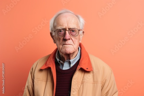 Elderly man with glasses and a coat on a orange background