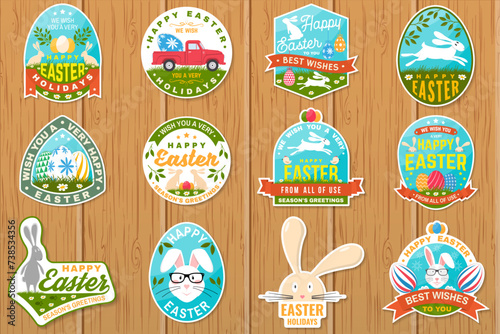 Set of happy easter holidays sticker, patch. Vector. Typography design with retro pickup truck, easter rabbit and colourful eggs. Modern minimal style. Easter Egg Hunt. Spring holiday