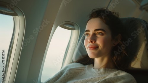 Happy girl sit in plane cabin looking out the window. Smiling passenger enjoy flight. Airplane transportation. Female traveler trip. Excited woman tourist fly to her destination Comfort business class